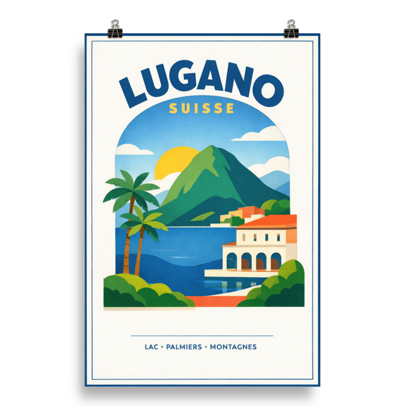 Affiche vintage Lugano – Poster de voyage rétro, lac et montagnes tessinoises, Suisse