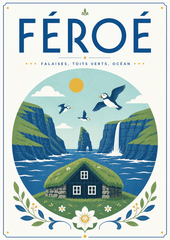 Affiche vintage Féroé – Poster de voyage rétro, Féroé, Danemark, EUROPE